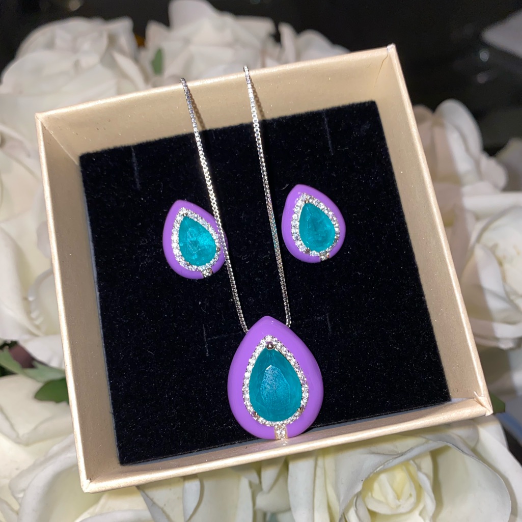 White Gold Plated Turmalina Paraba Enamel Set
